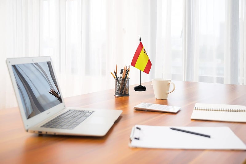tibijoy Spain Spanish Deluxe Desk Flag Set, Small Mini Miniature Spain Spanish Table Desktop Flags With Solid Pole, Black Base and Spear Top(2 Pack) - Image 4